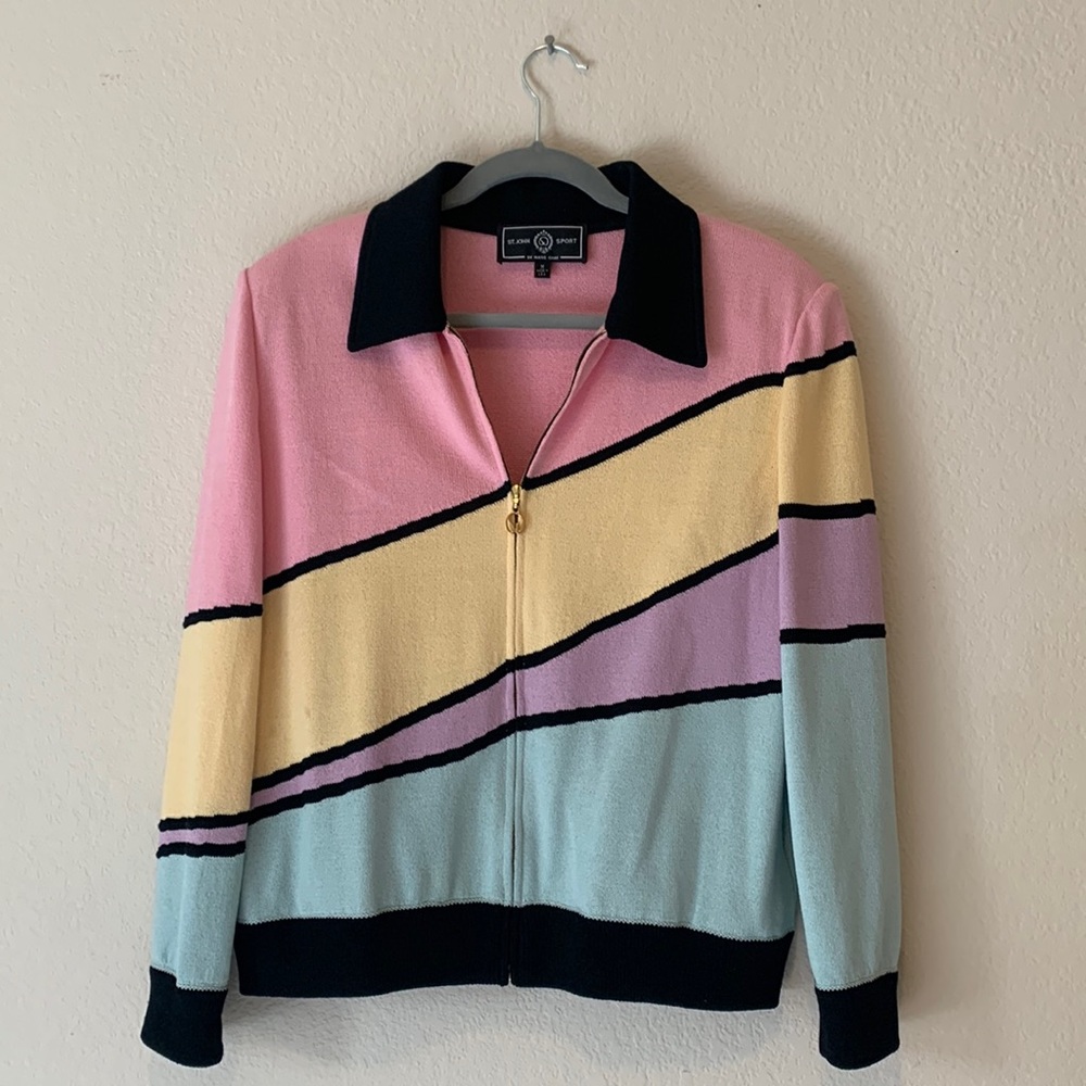 St John Sport Knit Color Block Pastel Zip Jacket sz M